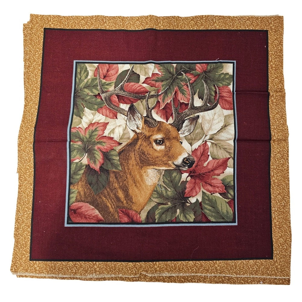 Vintage Deer Buck Wildlife Fabric Burgundy Gold Autumn Leaves 18 Inch Square